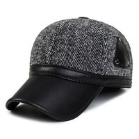 Men Earflap Earmuffs Baseball Cap Leather Woolen Stripe Adjustable Golf Sport Outdoor Hat