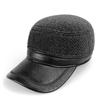 Men Earflaps Thicken Woolen Flat Baseball Cap PU Brim Outdoor Casual Snapback Drake Hat