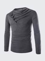 Men Fall Cotton Blended O-neck Special Collar Design Buttons Long Sleeve T-Shirt