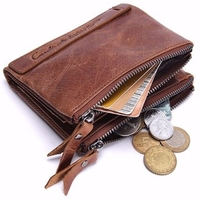 Men Genuine Leather Zipper Short Wallet Folding Totes Card Holders Bags