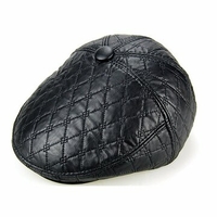 Men PU Leather Earflap Earmuff Beret Cap Plush Lining Blank Embossed Cabbie Hat