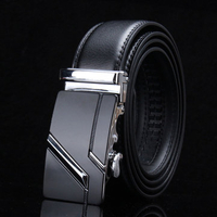 Men Second Floor Cowhide Black Alloy Automatic Buckle Belt Adjustable Pants Strip Length Randomly