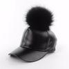 Men Women Black Leather Baseball Cap Adjustable Fur Ball Hat