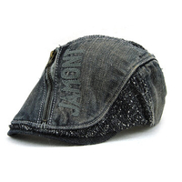 Men Women Cotton Denim Zipper Beret Cap UV Protection Sun Visor Flat Peaked Hat