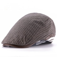 Men Women Cotton Leather Newsboy Beret Cap Stripe Flat Cowboy Cabbie Hat