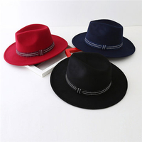 Men Women Vintage Wool Felt Flat Wide Brim Top Hat Hatband Jazz Hat