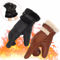 Men Women Winter Warm Fur Wool Sheepskin Gloves Outdoor Leather Full Finger Mittens