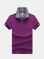 Mens Casual Solid Color Plaid Turndown Collar Short Sleeved Polo Shirts