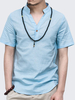 Mens Chinese Style Cotton Linen Solid Color V-neck Stand Collar Short Sleeve Casual T-shirt
