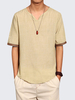 Mens Chinese Style Summer Linen Solid Color Short Sleeve T-shirt V-neck Top Tee