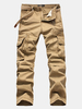 Mens Cotton Cargo Pants Straight Leg Solid Color Zippered Multi-pocket Casual Trouser