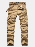 Mens Cotton Cargo Pants Straight Leg Solid Color Zippered Multi-pocket Casual Trouser