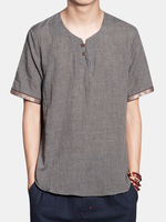 Mens Cotton Linen Retro T-shirt Round Neck Chinese Style Short Sleeve Loose Fit Top Tee