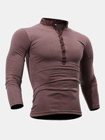 Mens Cotton Stand Collar T-shirt Buttons Breathable Long Sleeve Solid Color Tops