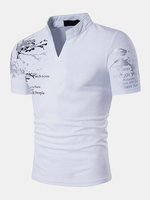Mens Cotton Stylish Printed Stand Collar V-neck Short Sleeve Casual T-shirt
