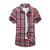 Mens Cotton Turndown Collar Plaid Loose Fit Casual Short sleeved Shirts