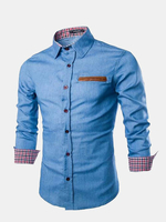 Mens Denim Washed Slim Fit Long Sleeved Casual Dress Shirts Casual Cotton Shirts