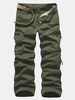 Mens Fall Multi-pockets Mid-waist Loose Fit Straight Leg Solid Color Cotton Cargo Pants