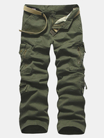 Mens Fall Multi-pockets Mid-waist Loose Fit Straight Leg Solid Color Cotton Cargo Pants
