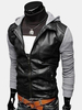 Mens Fall Winter PU Leather Hooded Knitted Long Sleeve Casual Jacket