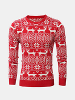 Mens Fall Winter Pullover Deer Snowflake Knitted Pattern O-Neck Slim Fit Casual Sweater