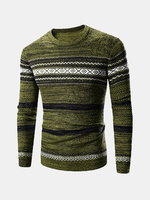 Mens Fall Winter Pullover Knitted Stripes Pattern O-Neck Slim Fit Casual Sweater
