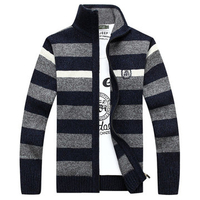 Mens Fall Winter Stripe Pattern Knitted Thick Stand Collar Casual Jacket