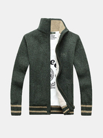 Mens Fall Winter Sweater Stripes Pattern Knitted Thick Stand Collar Casual Cardigan