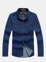 Mens Fashion Denim Dark Blue Front Pockets Shirts