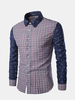Mens Fashion Plaid Shirt Spell color Casual Turndown Collar Long Sleeve Slim Fit Shirts