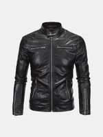 Mens Fashion PU Leather Stand Collar Zipper Fly Motorcycle Punk Style Cool Jacket