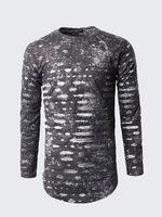 Mens Fashion Retro Style Wear Out T-shirt Round Neck Long Sleeve Casual Long Top Tee