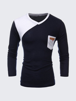 Mens Fashion Slim Fit Contrast Color V-neck Front Pocket Long Sleeve Casual T-shirt