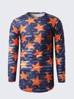 Mens Fashion Stars Printing T-shirt Round Neck Long Sleeve Casual Long Top Tee