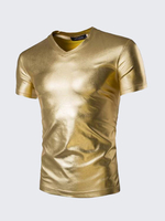 Mens Gold Foiling T-shirts Party Performance Short Sleeve Slim Fit V Neck T-shirts
