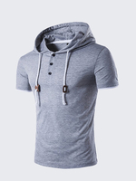 Mens Hooded Drawstring T-shirt Solid Color Short Sleeve Spring Summer Casual Tops Tees