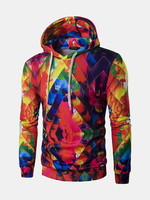 Mens Hoodies Colorful Rhombus Printing Front Pocket Casual Sport Hooded Tops