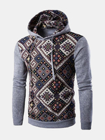 Mens Hoodies Ethnic Style Pattern Retro Printing Front Pocket Sport Hooded Tops