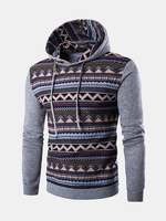 Mens Hoodies Retro Contrast Color Pattern Printing Front Pocket Sport Casual Hooded Tops
