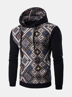 Mens Hoodies Retro Ethnic Style rhombus Pattern Printing Fashion Casual Sport Hooded Tops