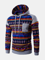 Mens Hoodies Stylish Ethnic Pattern Printing Front Pocket Sport Hooded Tops