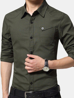 Mens Large Size Casual Long Sleeved Shirts Cotton Pure Color Cargo Dress Slim Fit Shirts