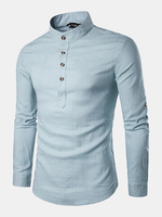 Mens Linen Chinese Collar T-shirt Buttons Breathable Long Sleeve Brief Retro Style Solid Color Tops