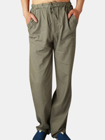 Mens Linen Solid Color Casual Breathable Long Trousers Drawstring Flax Leisure Pants