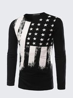 Mens Long Sleeves T-shirt Fashion Black Gray Flag Printing Round Neck Casual Top Tee