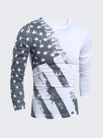 Mens Long Sleeves T-shirt Fashion White Gray Printing Round Neck Casual Top Tee