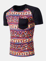 Mens National Style Geometric patterns Front Pocket Short Sleeve O-neck Casual T-shirt