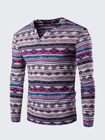 Mens National Style Striped Printing T-Shirt Casual V-Neck Long Sleeve T-Shirt