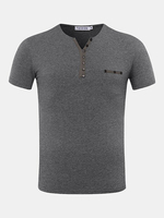 Mens Odell Cotton Solid Color Buttons Short Sleeve V-neck Casual T-shirt