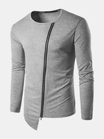 Mens Personalized Street Style Irregularly Inclined Zipper O-neck Long Sleeve Casual T-shirt